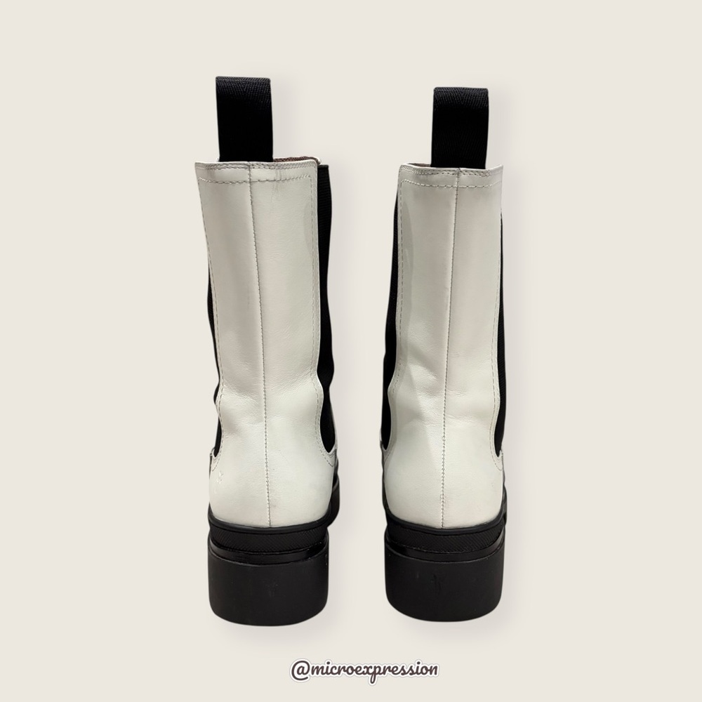 $499 Frye Chloe White Real Leather Black Retro Comfy Elastic Pull On Ankle Boot - Picture 11 of 16